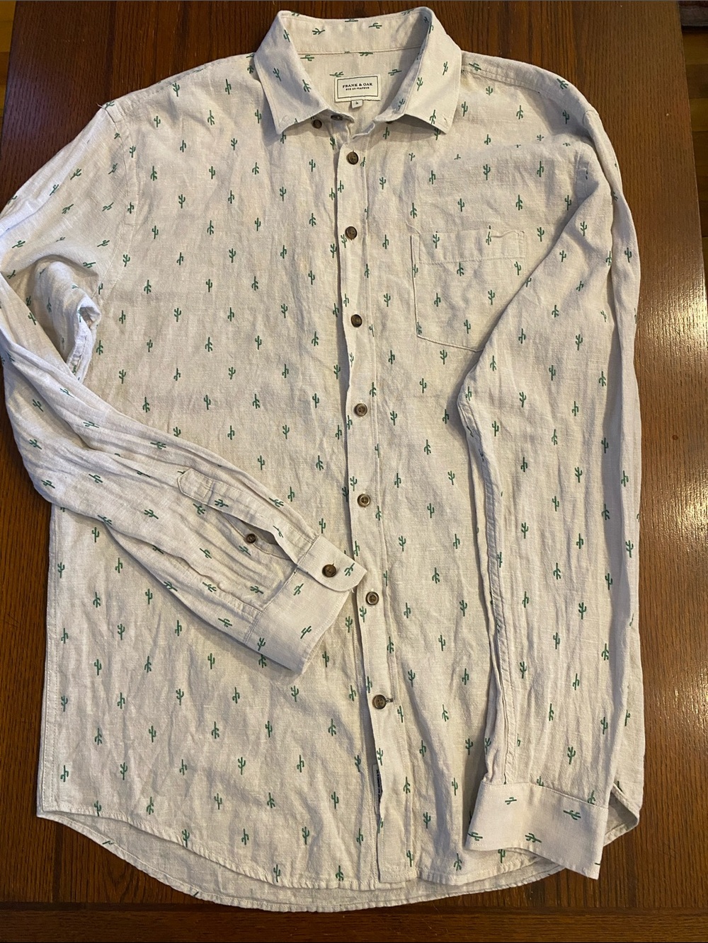 Frank & Oak White Button-Down Shirt with Green Cactus Print